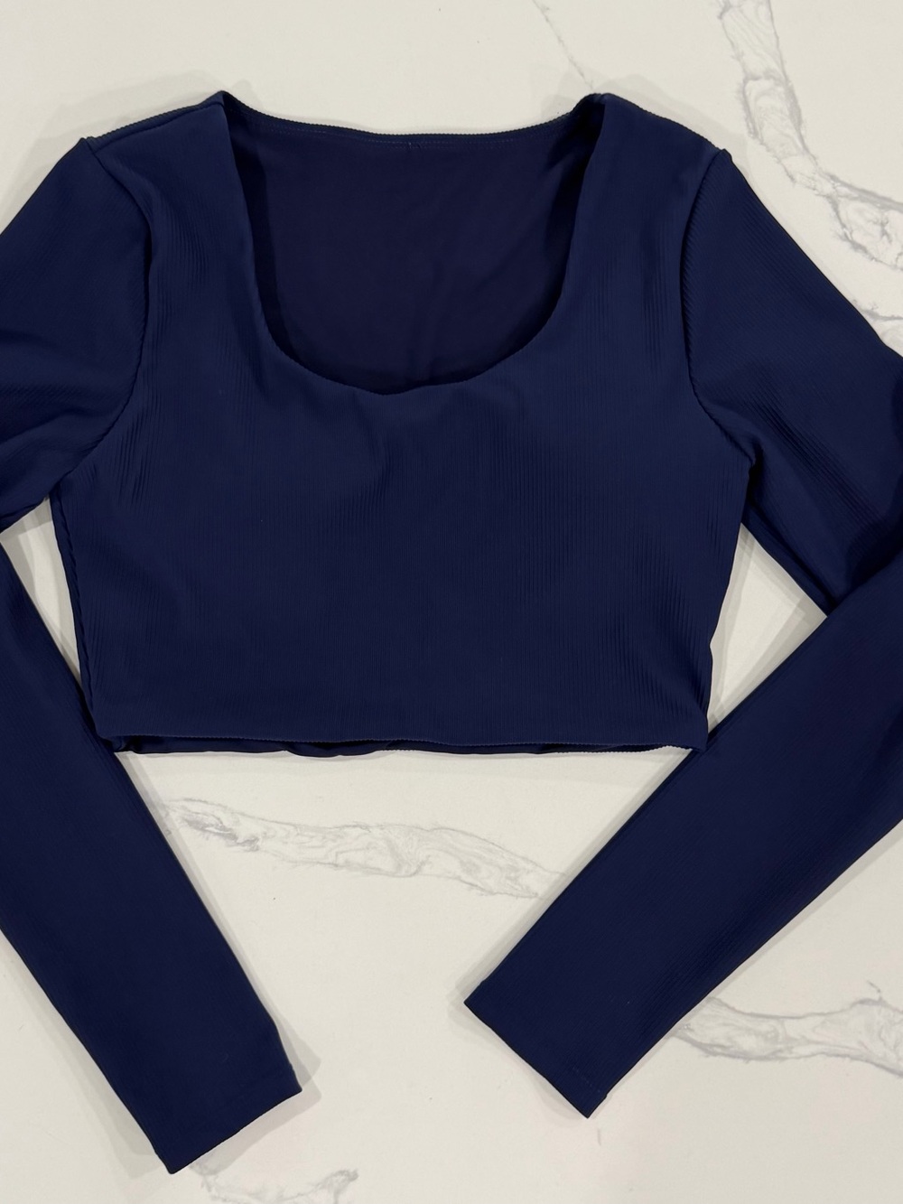 Kittenish Navy Blue Ribbed Long Sleeve Crop Top with Built-In Bra Size Medium